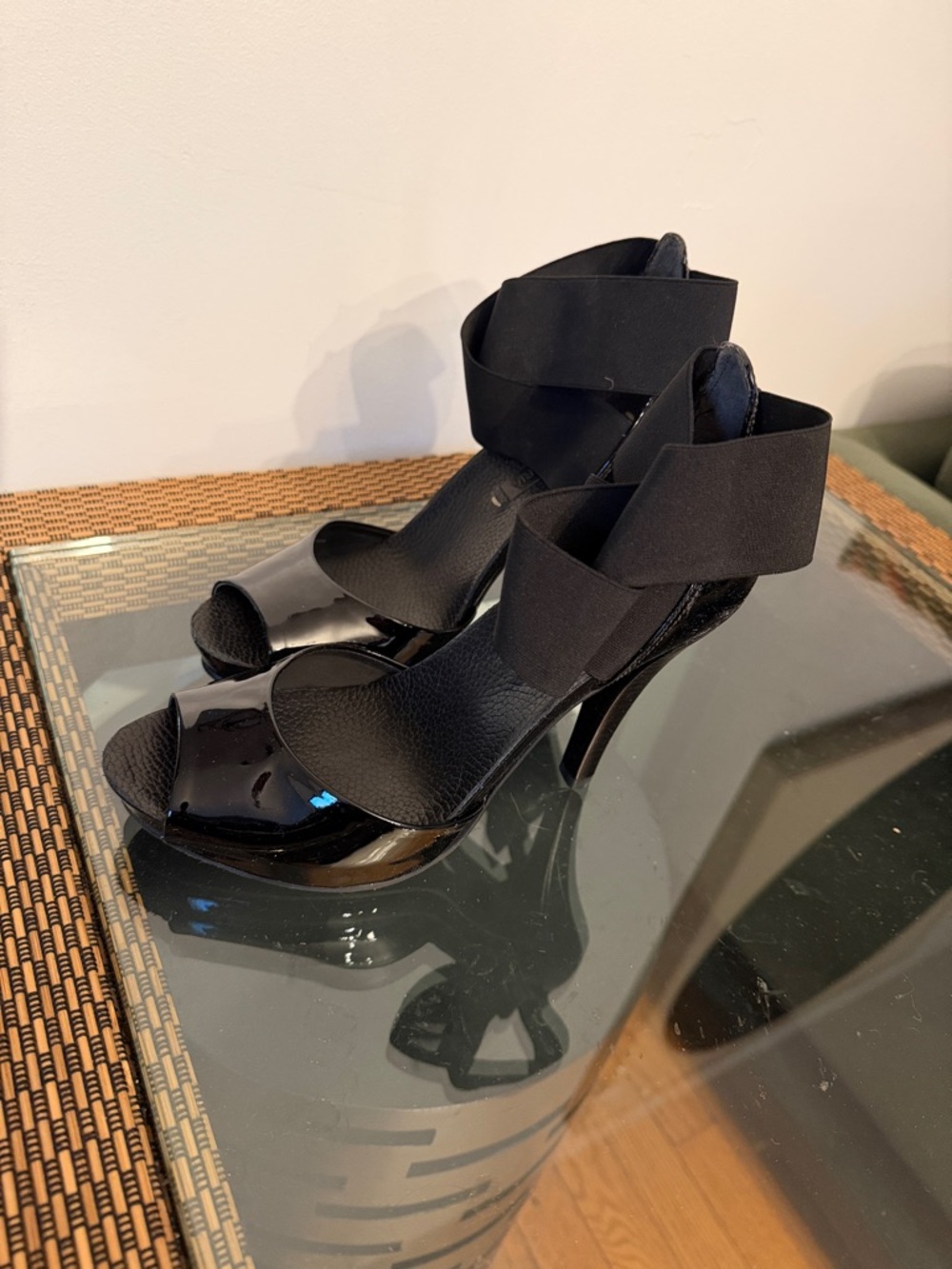 BCBGMaxAzria Black Patent and Elastic Strap High Heel Sandals